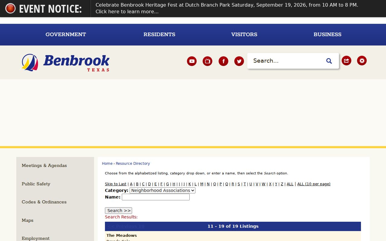 Benbrook neighbors association contacts in the City Resource Directory