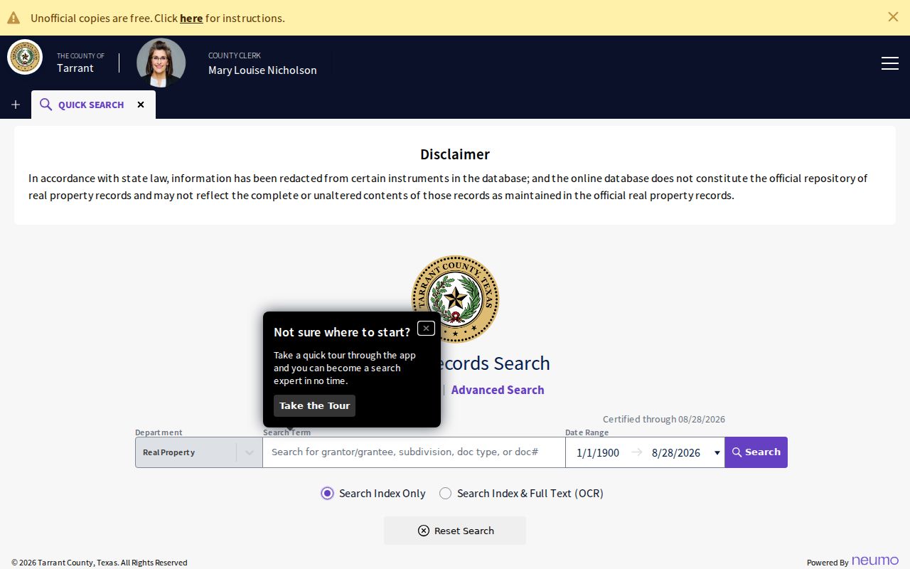 Benbrook residents directory view of the Tarrant County official deed index search