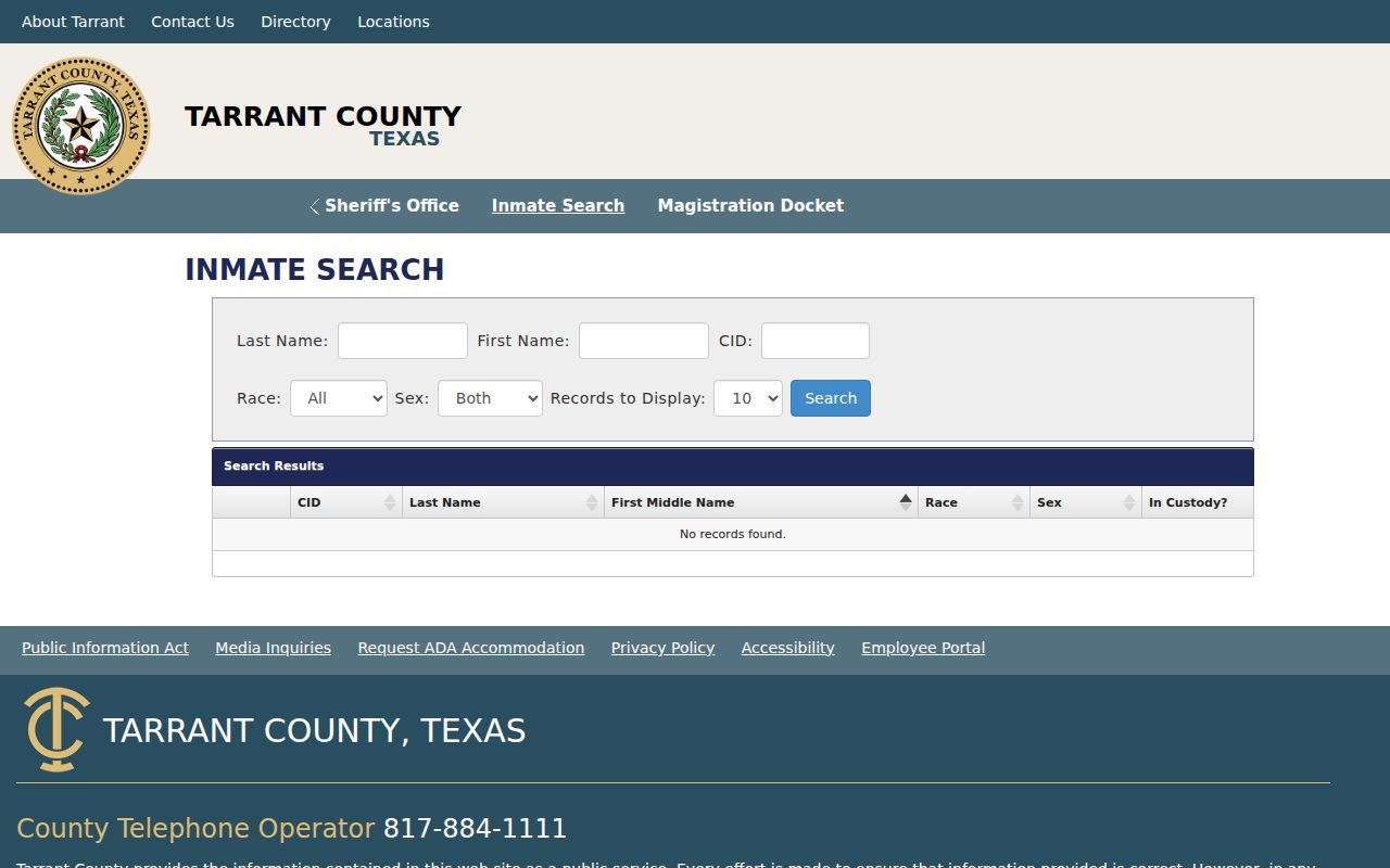 Benbrook resident lookup using the Tarrant County inmate search fields