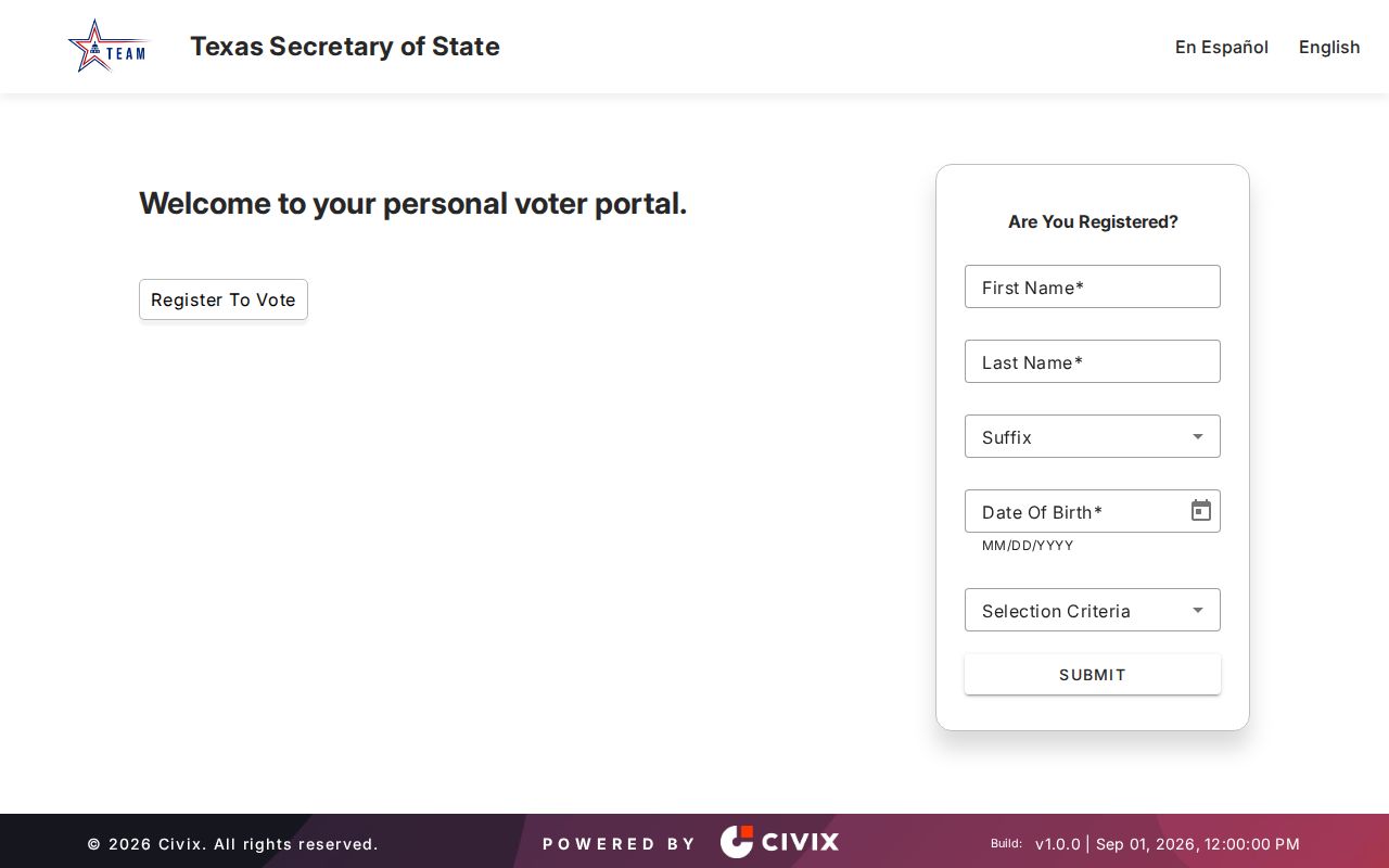 Benbrook residents directory view of the Texas My Voter Portal search form