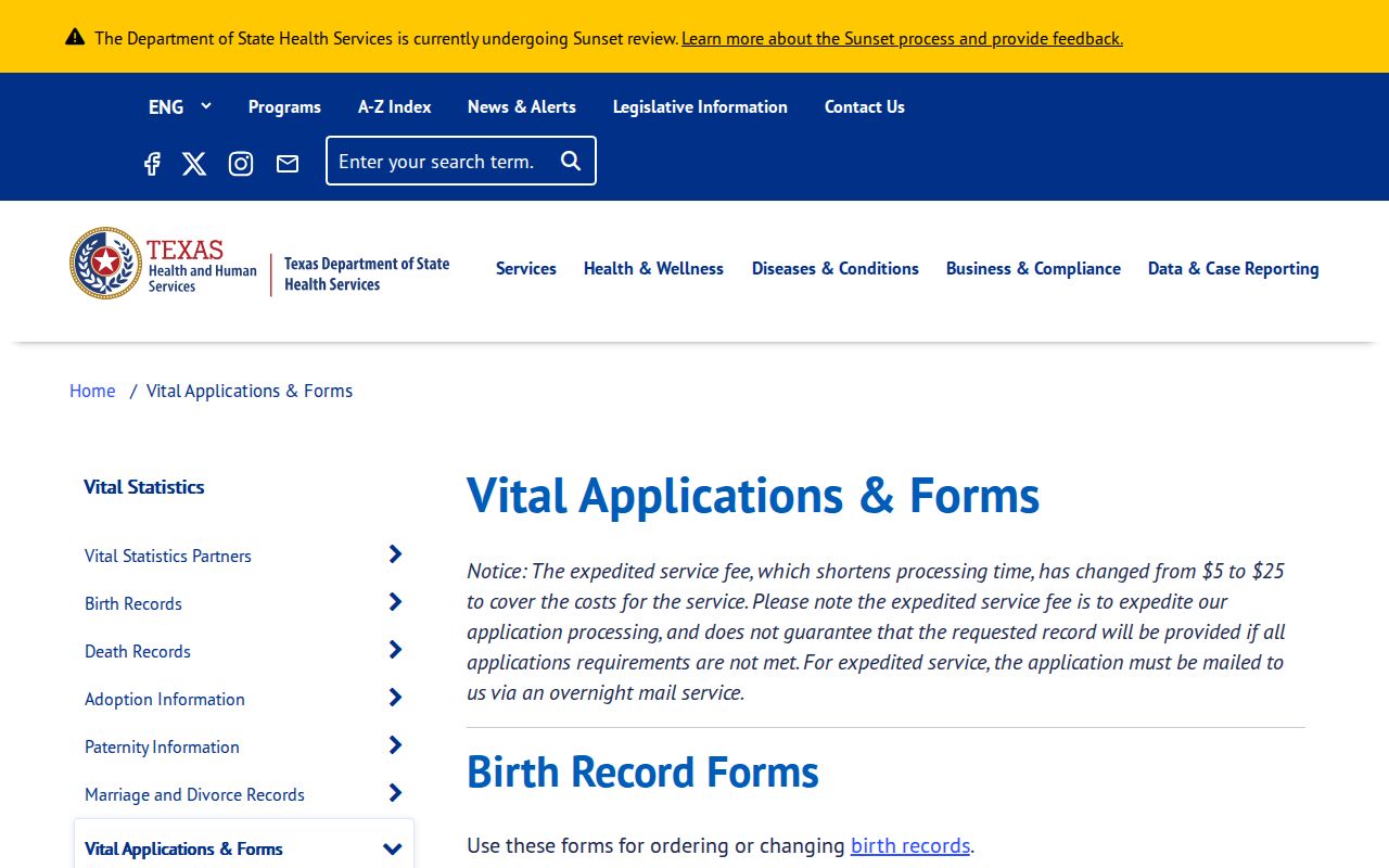 Benbrook residents directory view of Texas vital-record applications and forms
